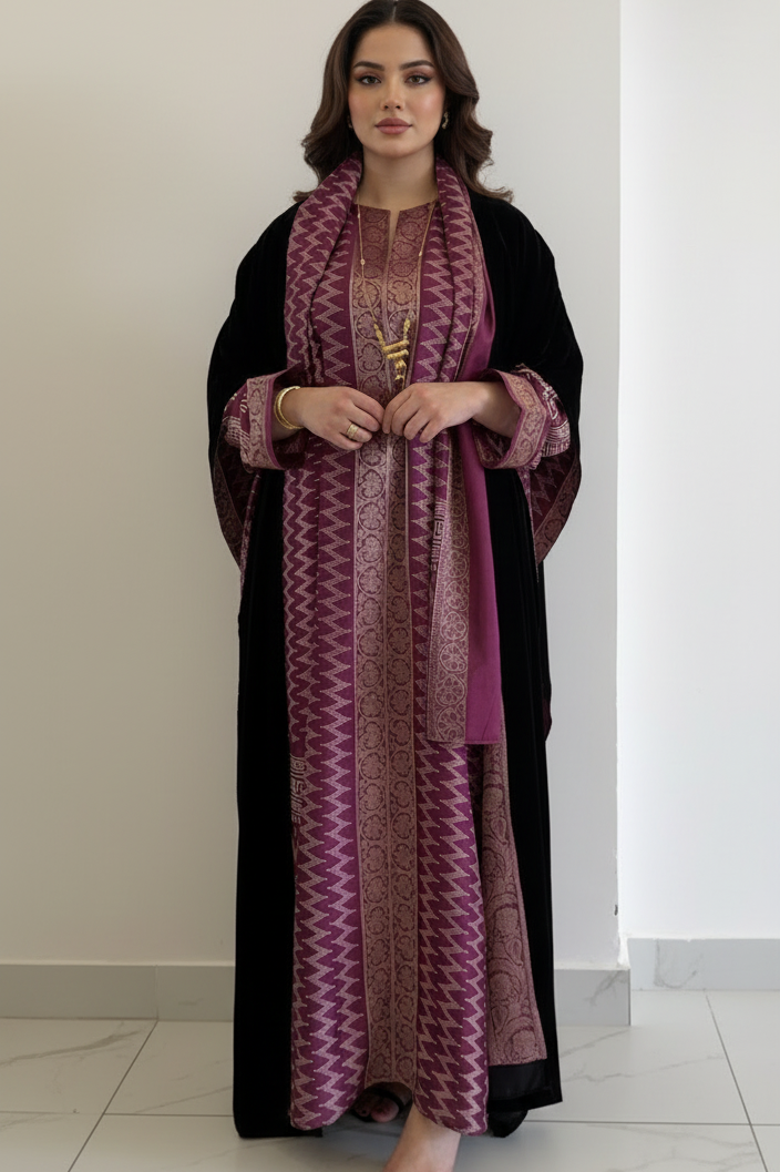 A42 - طقم بشت أسود مع بنفسجي دافئ ولمسات بيج من 3 قطع