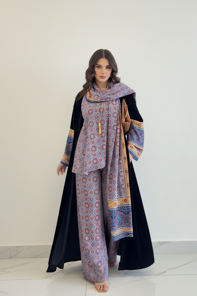 A43 - طقم بشت  من أربع قطع باللون الأسود مع أزرق هادئ ولمسات ترابية دافئة