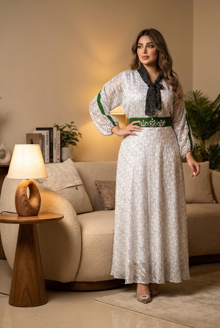 C95– دراعة أنيقة بحزام أخضر مميز – ٣ ألوان