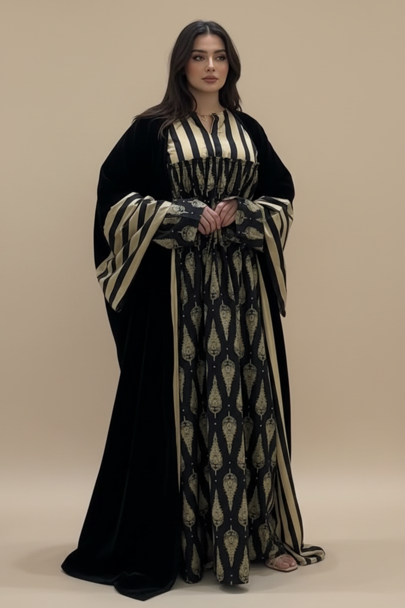 A37 – طقم ‏بشت مخملي بيج وأسود من قطعتين