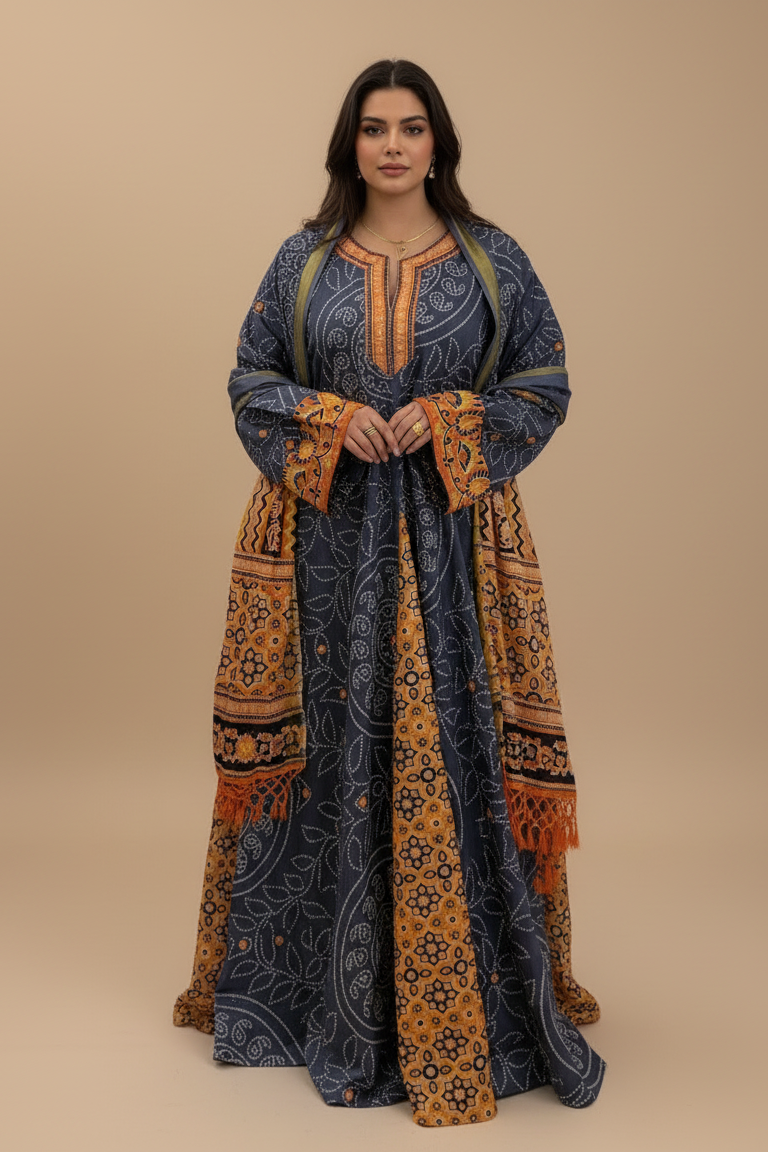 A67 – دراعة مطبعة بنقوش هندسية مع شال متناسق