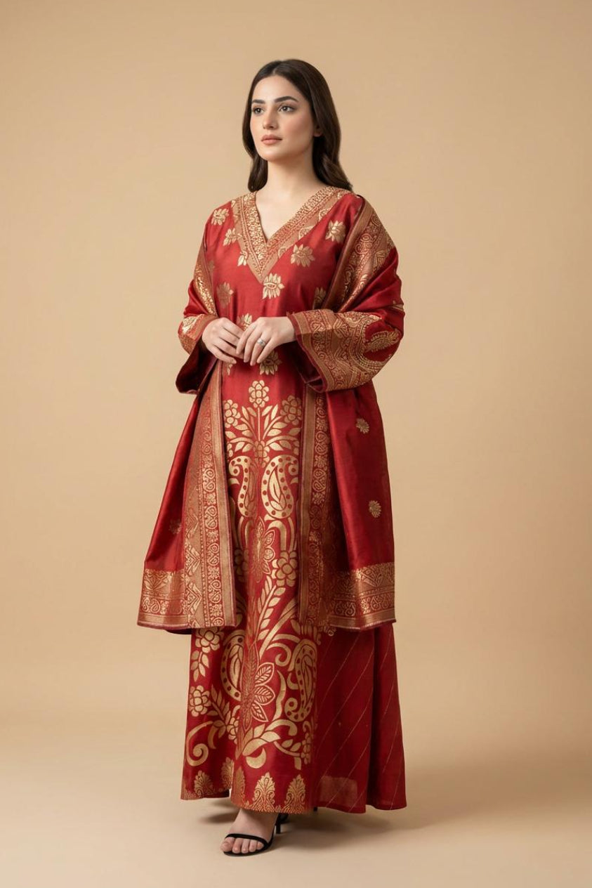 A97 – دراعة بروكار فاخرة مع شال متناسق – ٤ ألوان