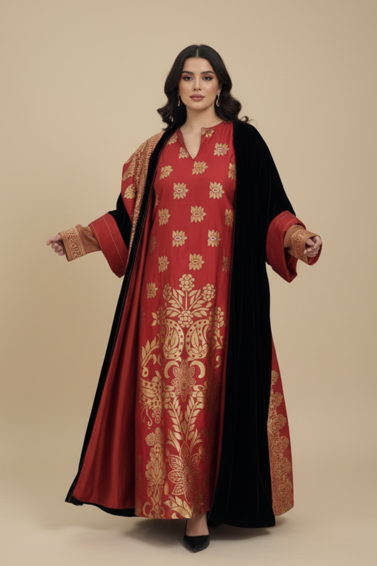 A49 – طقم أحمر 3 قطع | بشت + دراعة + شال