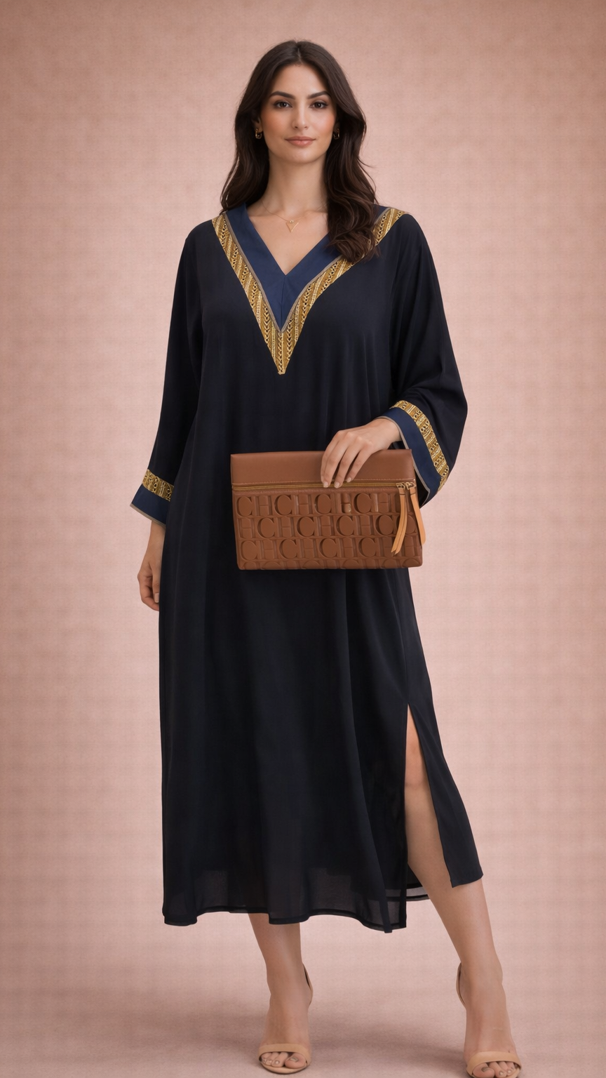 A113 – دراعة ميدنايت بتفاصيل ذهبية (لون واحد)