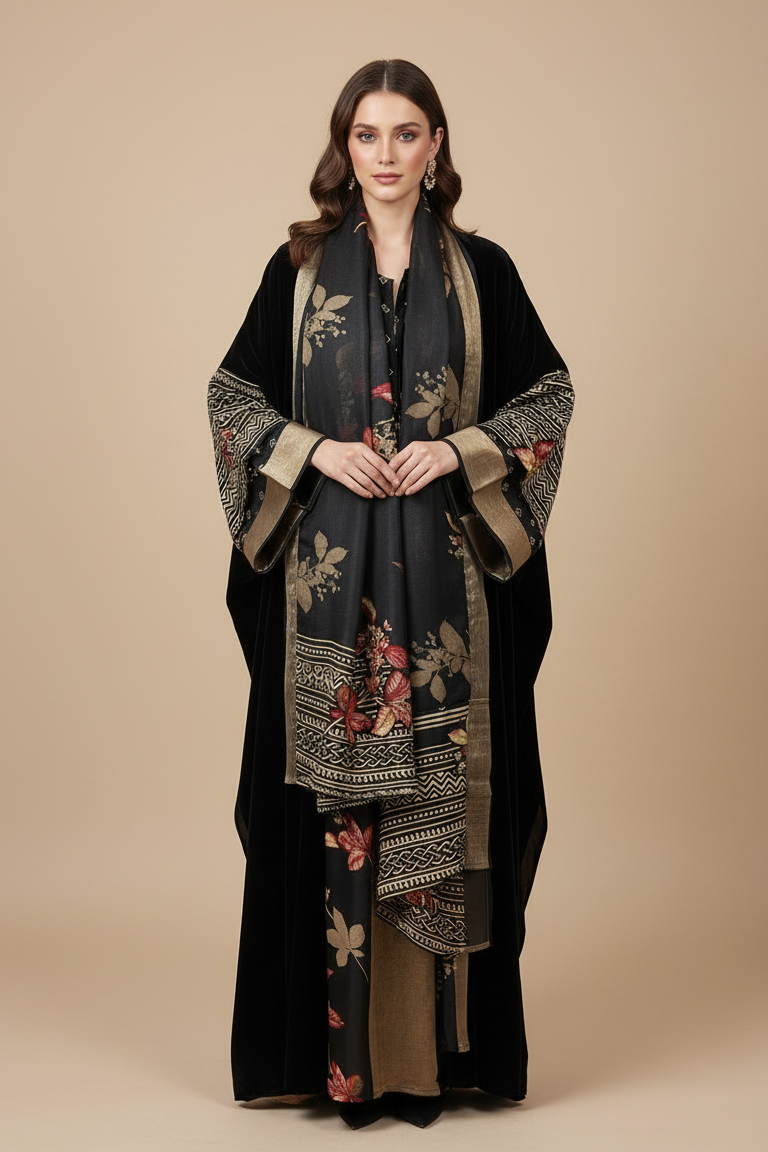 A12 – طقم بشت مخملي أسود وذهبي من ثلاث قطع