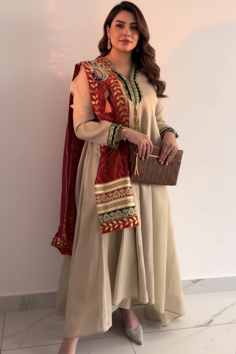 A71 – دراعة باللون العاجي مع شال مطرز أحمر – طقم قطعتين