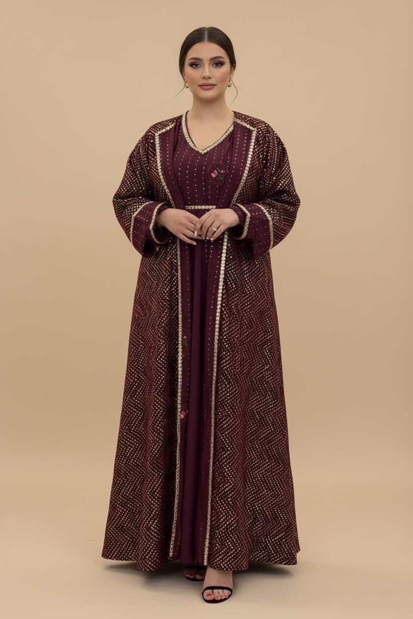 A56 – طقم دراعة  ‏عنابي من 3 قطع