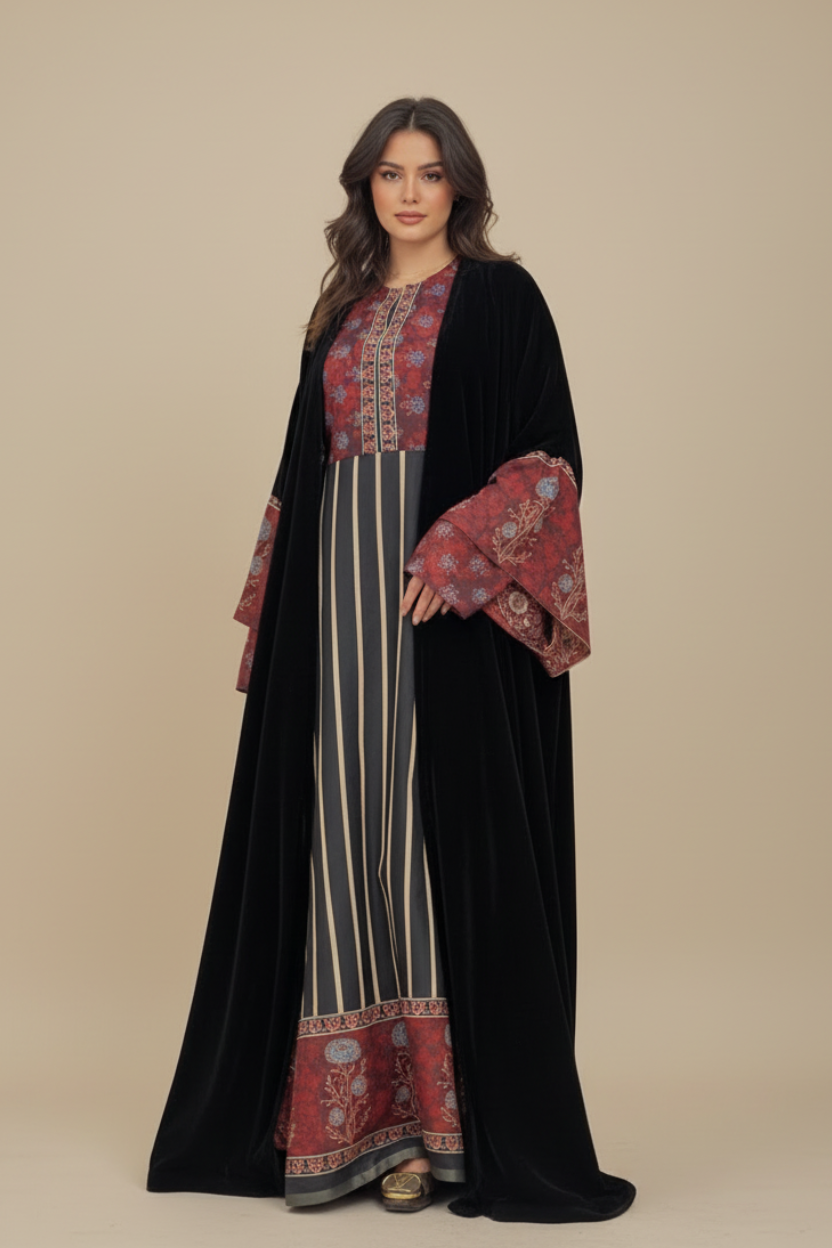 A23 – طقم بشت مخملي بالأحمر والأسود من ثلاث قطع