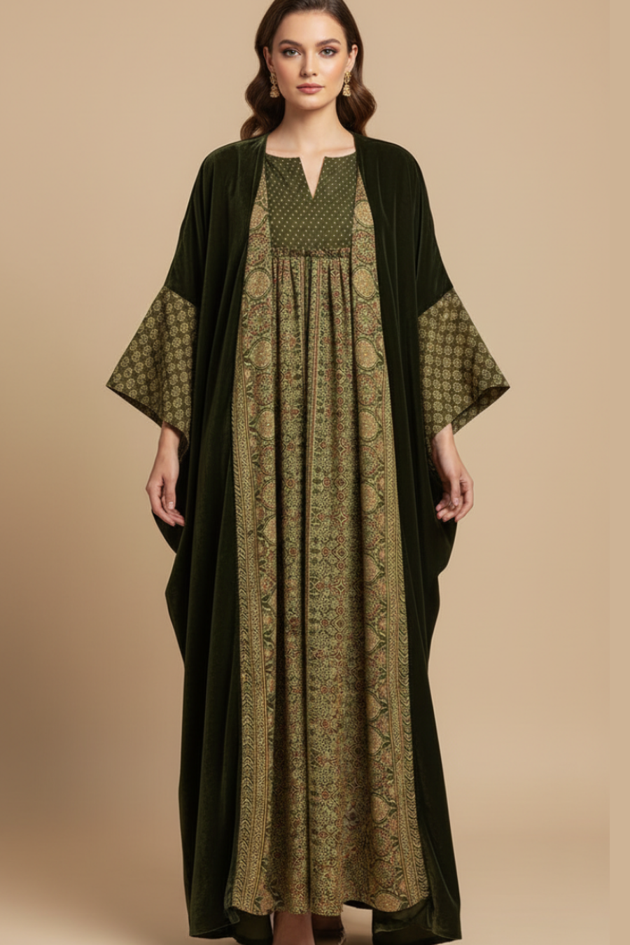 Woman wearing a green and black patterned overcoat with a matching inner dress on a beige background