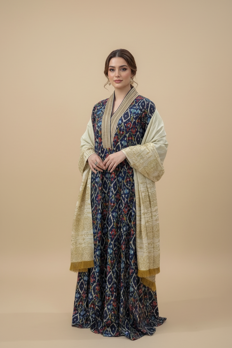 A66 – طقم دراعة مطبّعة مع شال مطرّز – قطعتين – 4 ألوان