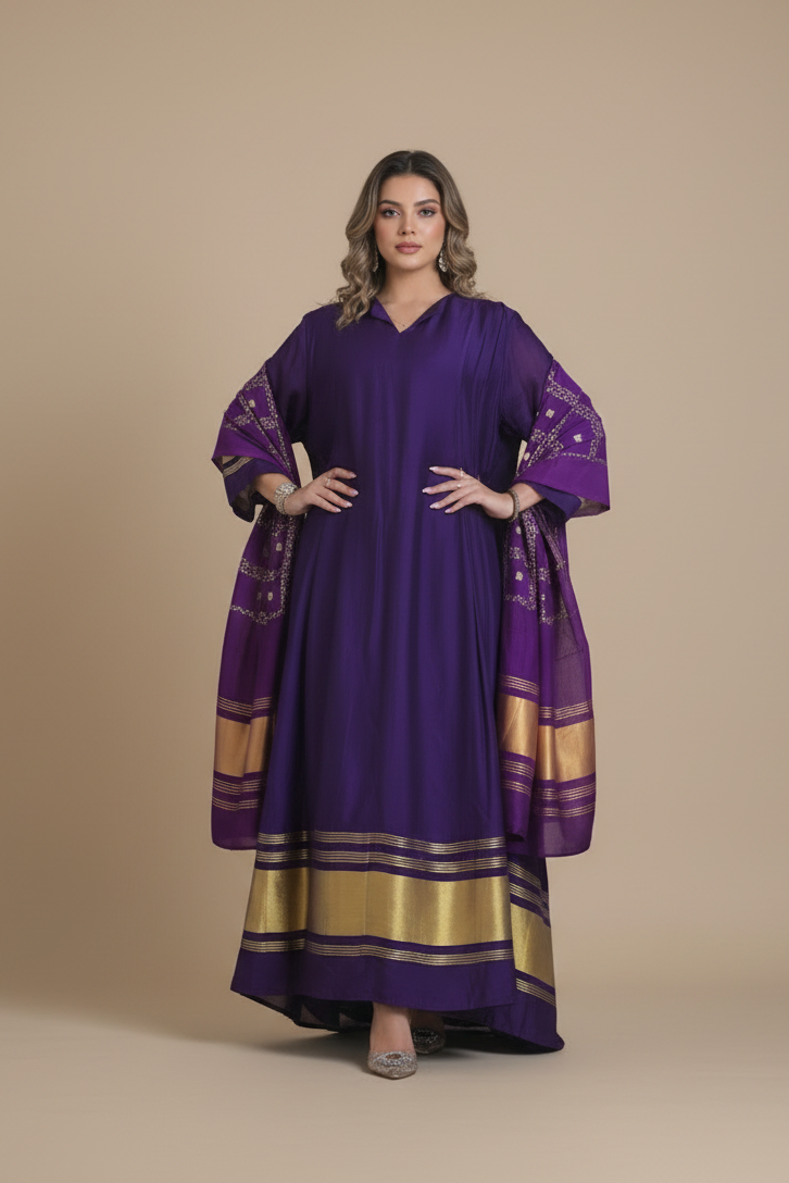 A72 – دراعة حرير كلاسيكية مع شال متناسق – طقم قطعتين (6 ألوان)