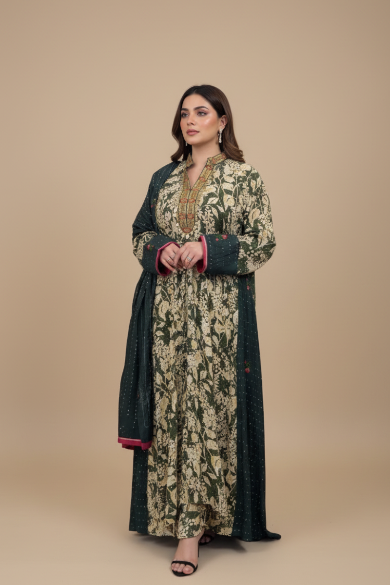 A55 – طقم دراعة  خضراء وبيج قطعتين