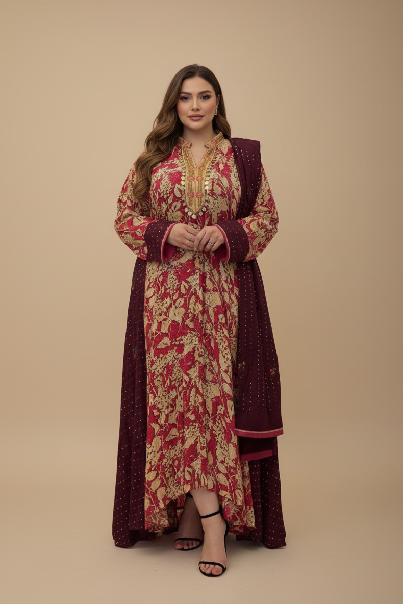 A55 – دراعة مطبعة بنقوش زهور – طقم قطعتين