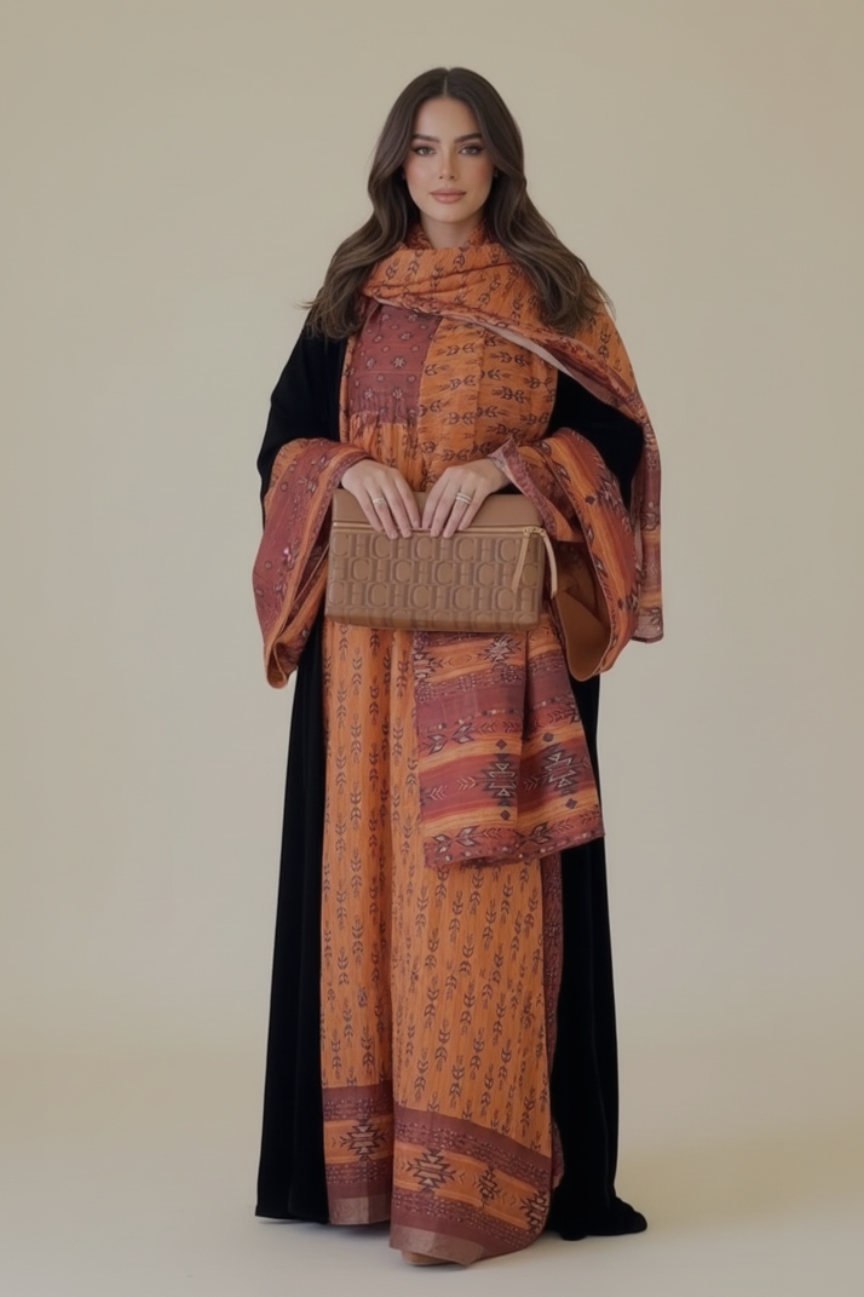 A24 - طقم ‏ ‏بشت مخملي أسود وبرتقالي من 3 قطع