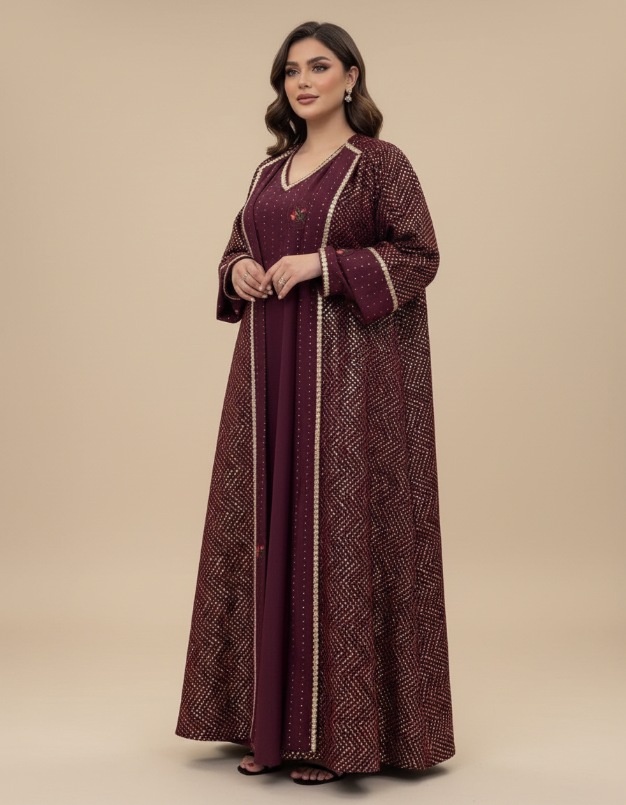 A56 – طقم دراعة  ‏عنابي من 3 قطع