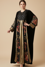 Woman wearing a black and gold embroidered abaya and overcoat on a beige background