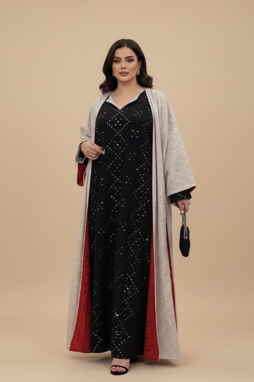 A57 – دراعة سوداء مع بشت بالأحمر والأبيض – طقم قطعتين