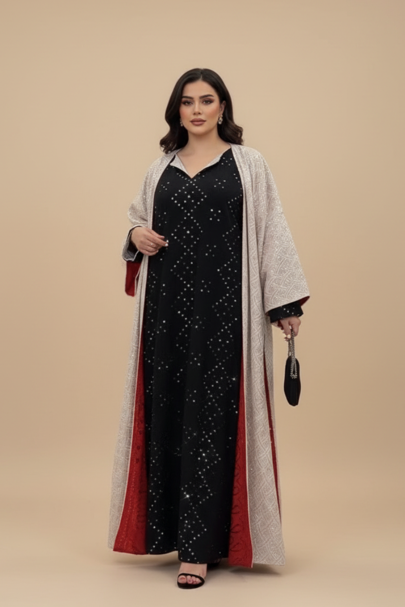 A57 – دراعة سوداء مع بشت بالأحمر والأبيض – طقم قطعتين