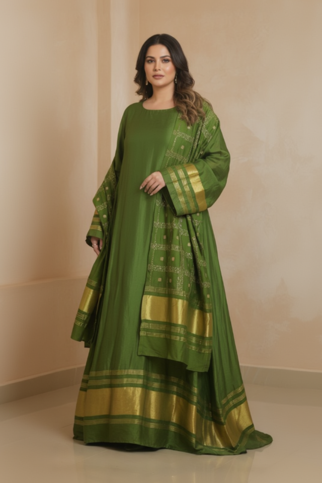 A72 – دراعة حرير كلاسيكية مع شال متناسق – طقم قطعتين (6 ألوان)