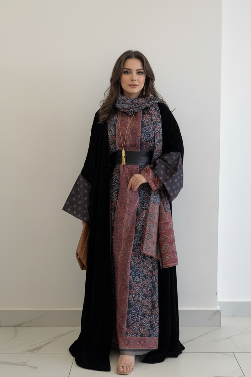 A41 - طقم بشت أسود مع درجات عنابي وأزرق هادئة من 3 قطع