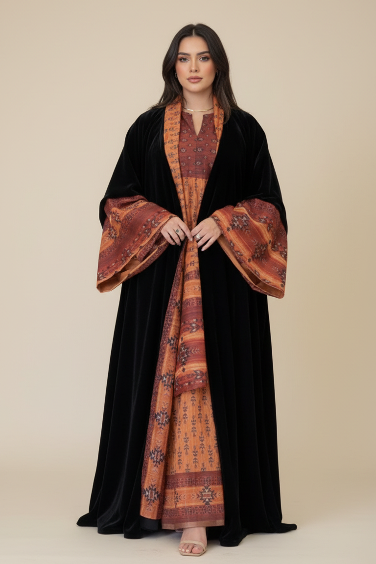 A24 - طقم ‏ ‏بشت مخملي أسود وبرتقالي من 3 قطع