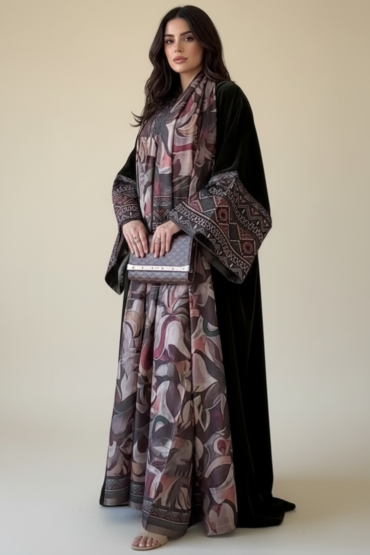 A25 - طقم ‏بشت مخملي أخضر مزين بالزهور مكون من 3 قطع