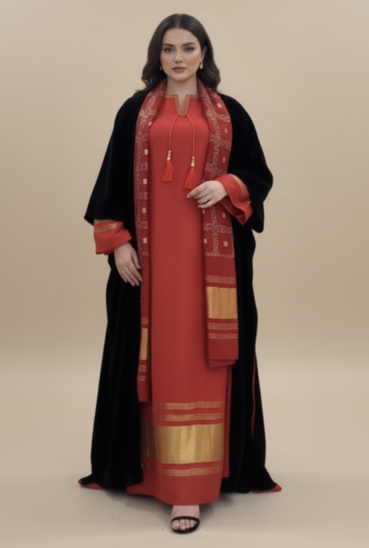 A27 - طقم ‏بشت مخملي ذهبي وأحمر مكون من 3 قطع