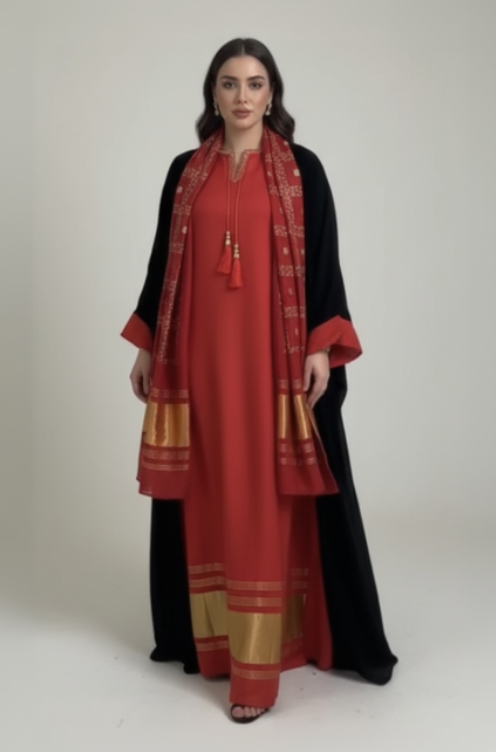 A27 - طقم ‏بشت مخملي ذهبي وأحمر مكون من 3 قطع