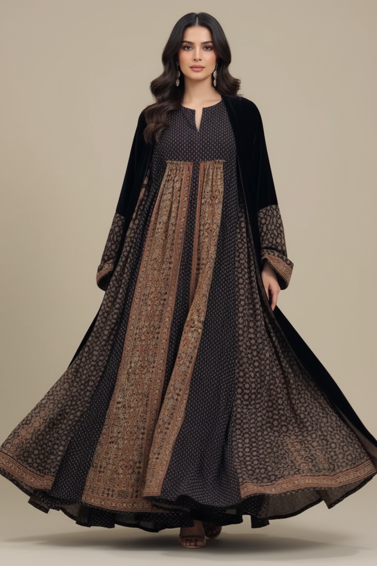 A19 - طقم بشت مخملي أسود وبرتقالي من قطعتين