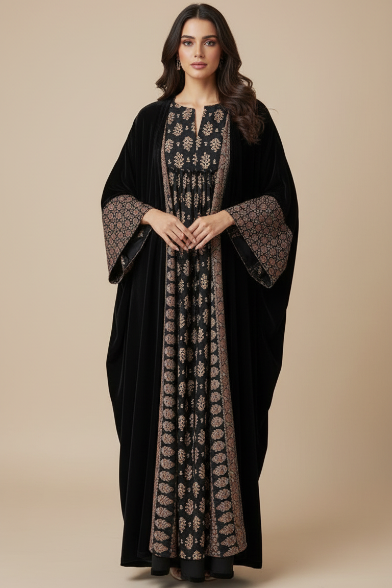 A29 - طقم بشت مخملي أسود وبيج من قطعتين