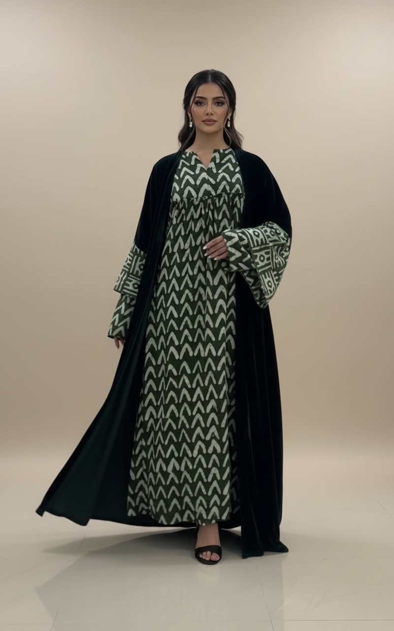 A16 – طقم مخملي فاخر بالأسود والزيتي من قطعتين