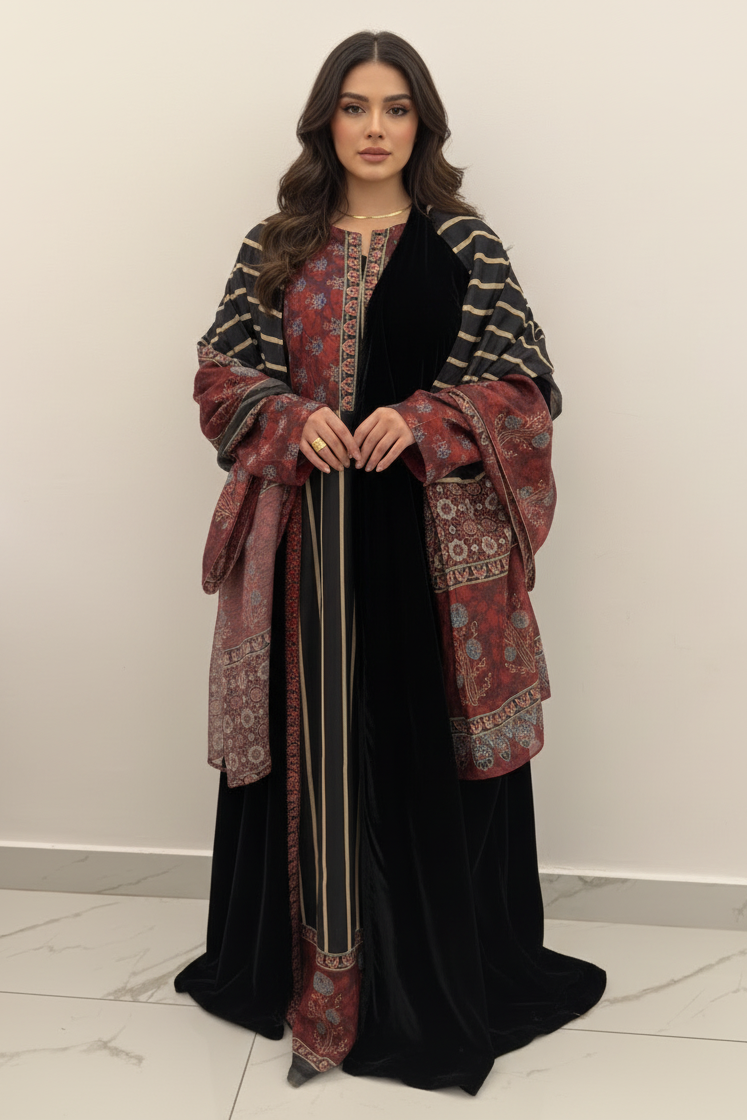 A23 – طقم بشت مخملي بالأحمر والأسود من ثلاث قطع