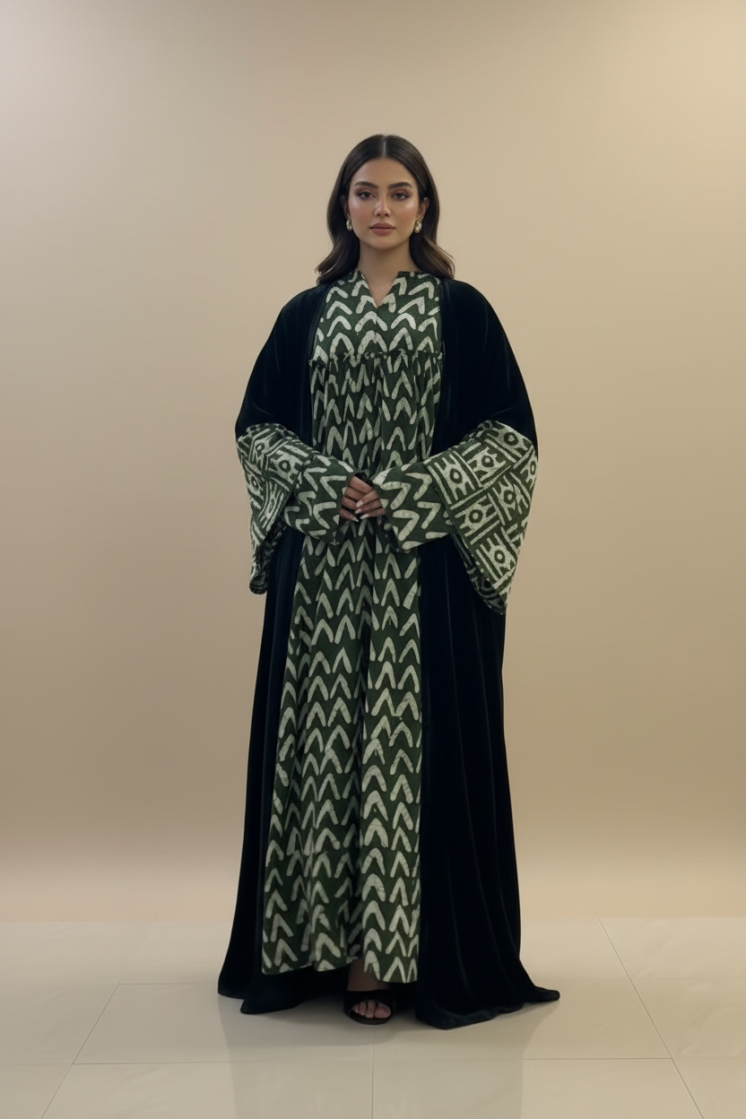 A16 – طقم مخملي فاخر بالأسود والزيتي من قطعتين