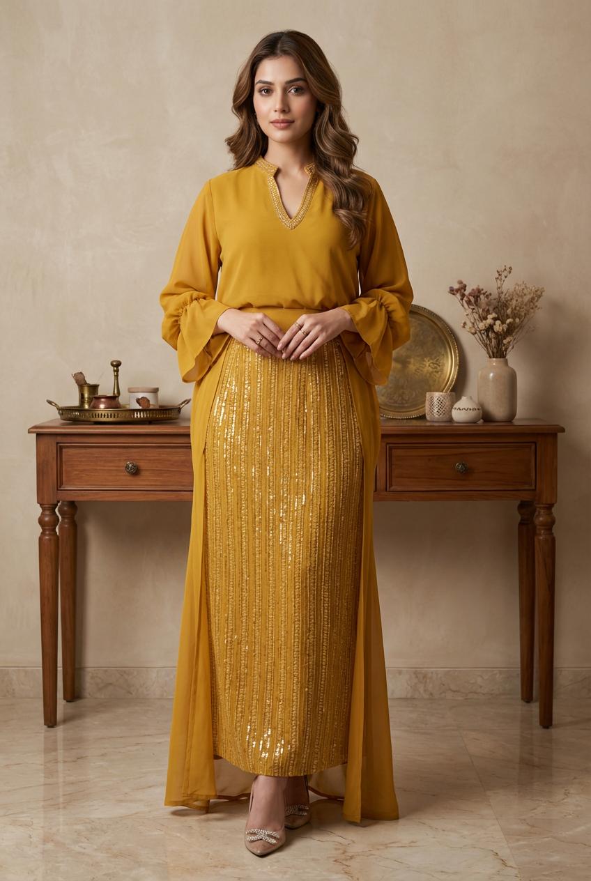 C94– طقم شيفون أنيق مع تنورة بنقشة مميزة – 4 ألوان