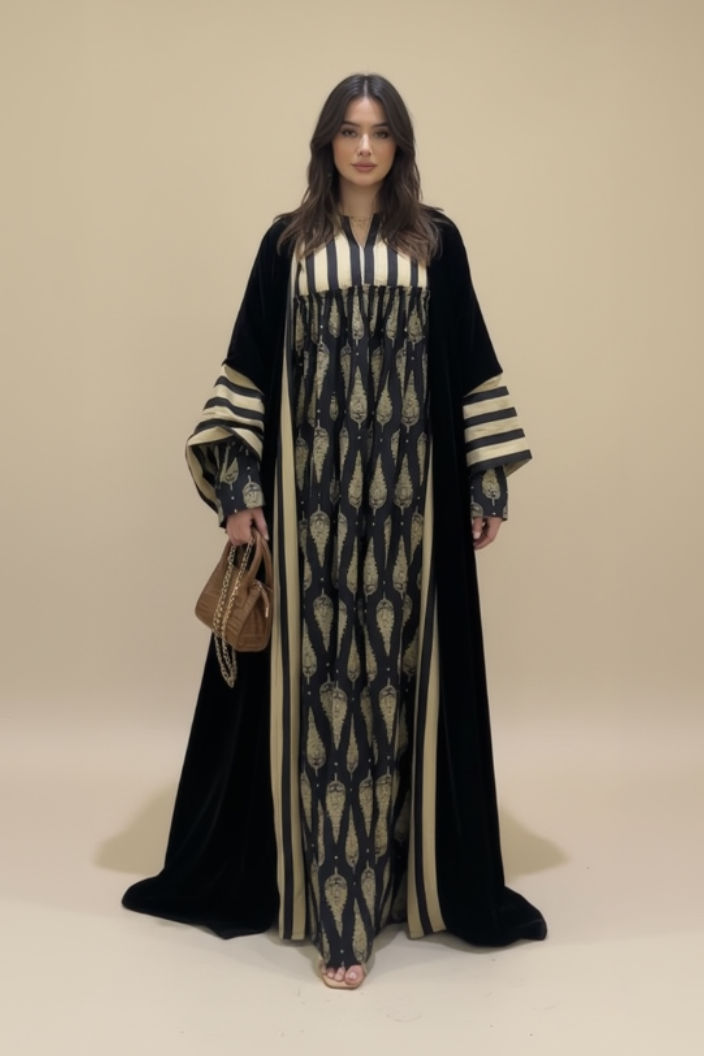 A37 – طقم ‏بشت مخملي بيج وأسود من قطعتين