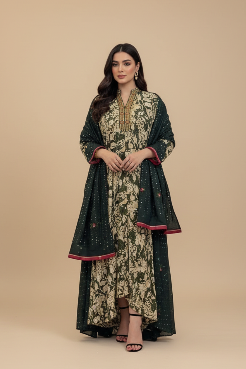 A55 – طقم دراعة  خضراء وبيج قطعتين