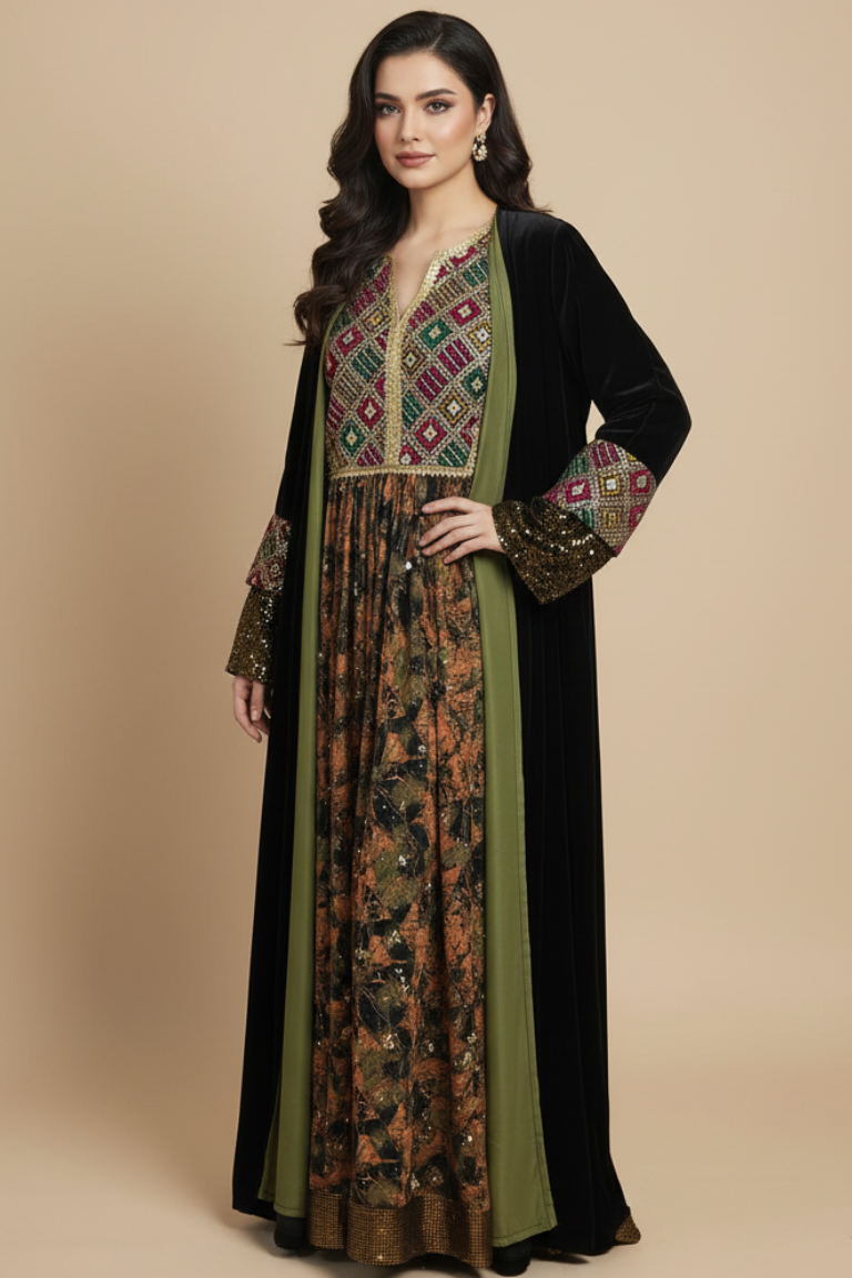 A13 – طقم بشت مخملي أسود وأخضر من قطعتين