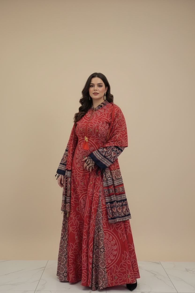 A70 – دراعة مطبعة مع شال متناسق – طقم قطعتين