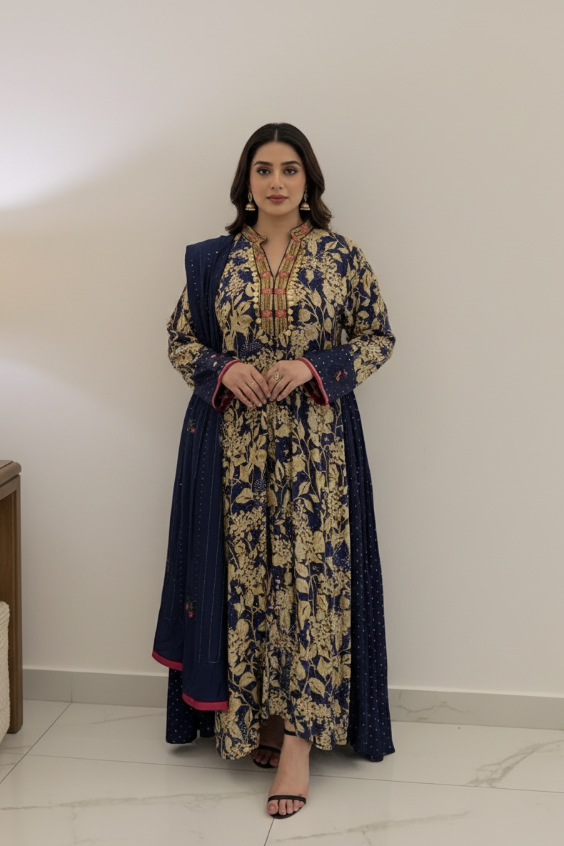 A55 – دراعة مطبعة بنقوش زهور – طقم قطعتين