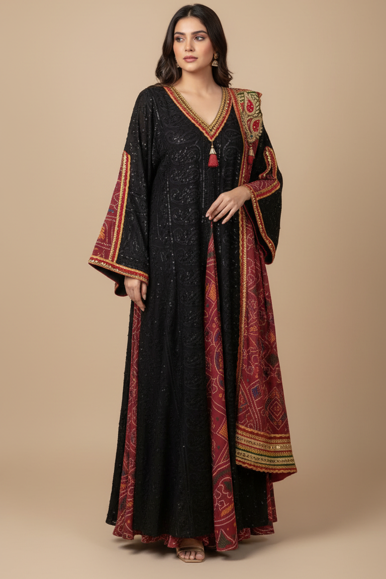 A60 – طقم دراعة أسود وبرغندي أنيق (3 قطع)