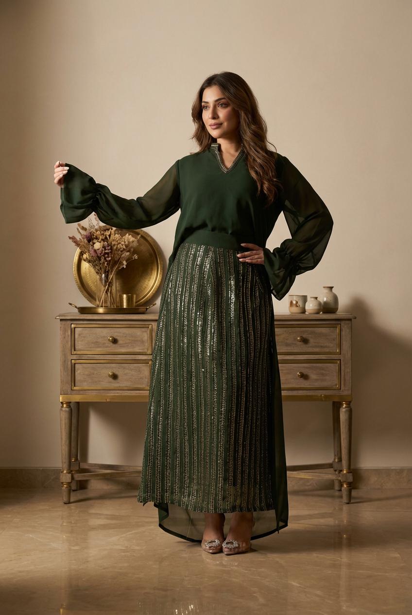 C94– طقم شيفون أنيق مع تنورة بنقشة مميزة – 4 ألوان