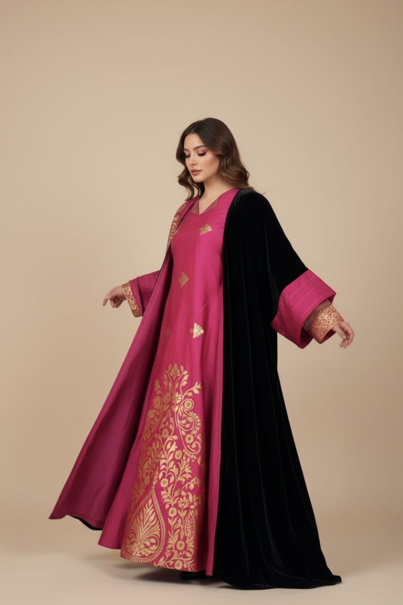 A47 – طقم وردي 3 قطع | بشت + دراعة + شال