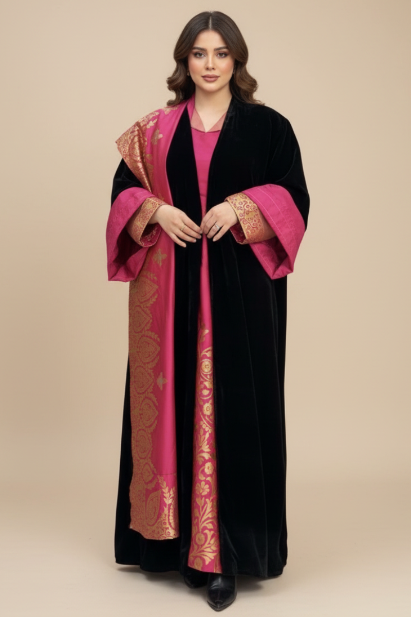 A47 – طقم وردي 3 قطع | بشت + دراعة + شال