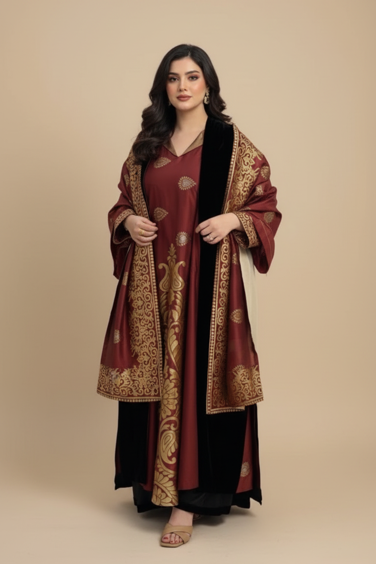 A48 – طقم خمري 3 قطع | بشت + دراعة + شال